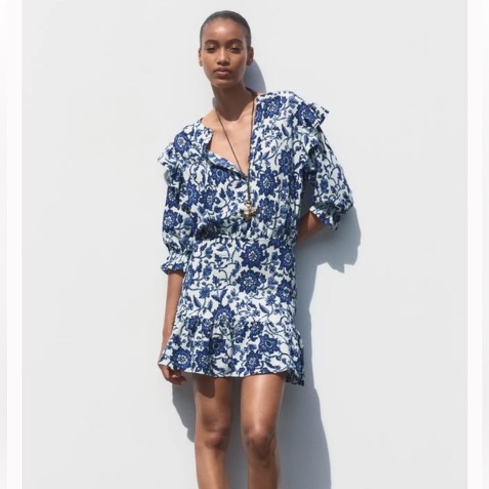 Zara Blue and White Floral Mini Dress